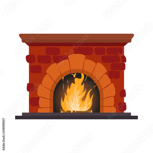 Fireplace with fire on an isolated white background