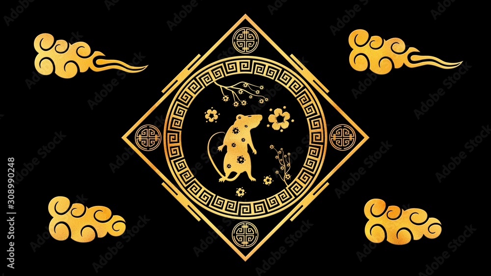 Gold Chinese New Year background with gold and black, rat, 3D rendering. Magical Happy new year animation. Gold Chinese New Year background with gold and black, rat, 3D rendering. Magical Happy new year animation.