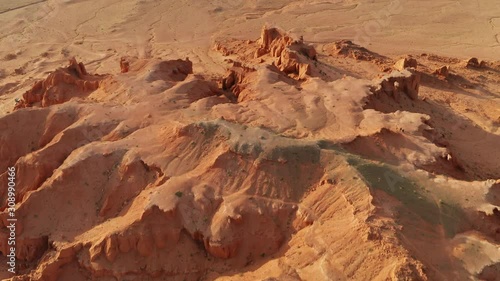 Aerial view of Flaming Cliffs in Bayanzag valley. Mongolia, Gobi desert photo