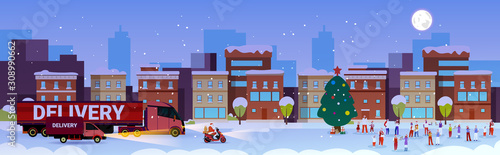 santa claus driving delivery truck people having fun merry christmas happy new year winter holidays celebration concept modern city street cityscape background full length horizontal vector