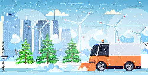 snow plow truck cleaning city road afrer snowfall winter snow removal concept modern cityscape background horizontal vector illustration