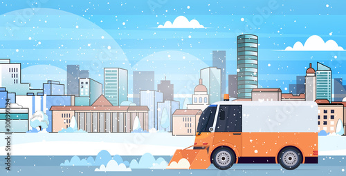 snow plow truck cleaning city road afrer snowfall winter snow removal concept modern cityscape background horizontal vector illustration