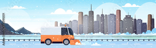 snow plow truck cleaning highway road afrer snowfall winter snow removal concept cityscape background horizontal vector illustration