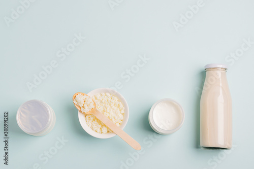 Tablou pe pânză Milk mushroom organic probiotic fermented milk products glass bowl