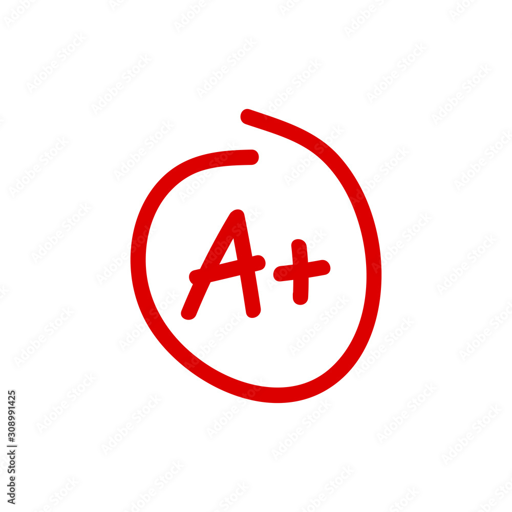 Obraz premium Grade A Plus result icon. School red mark handwriting. A plus in circle isolated on white background. Vector illustration