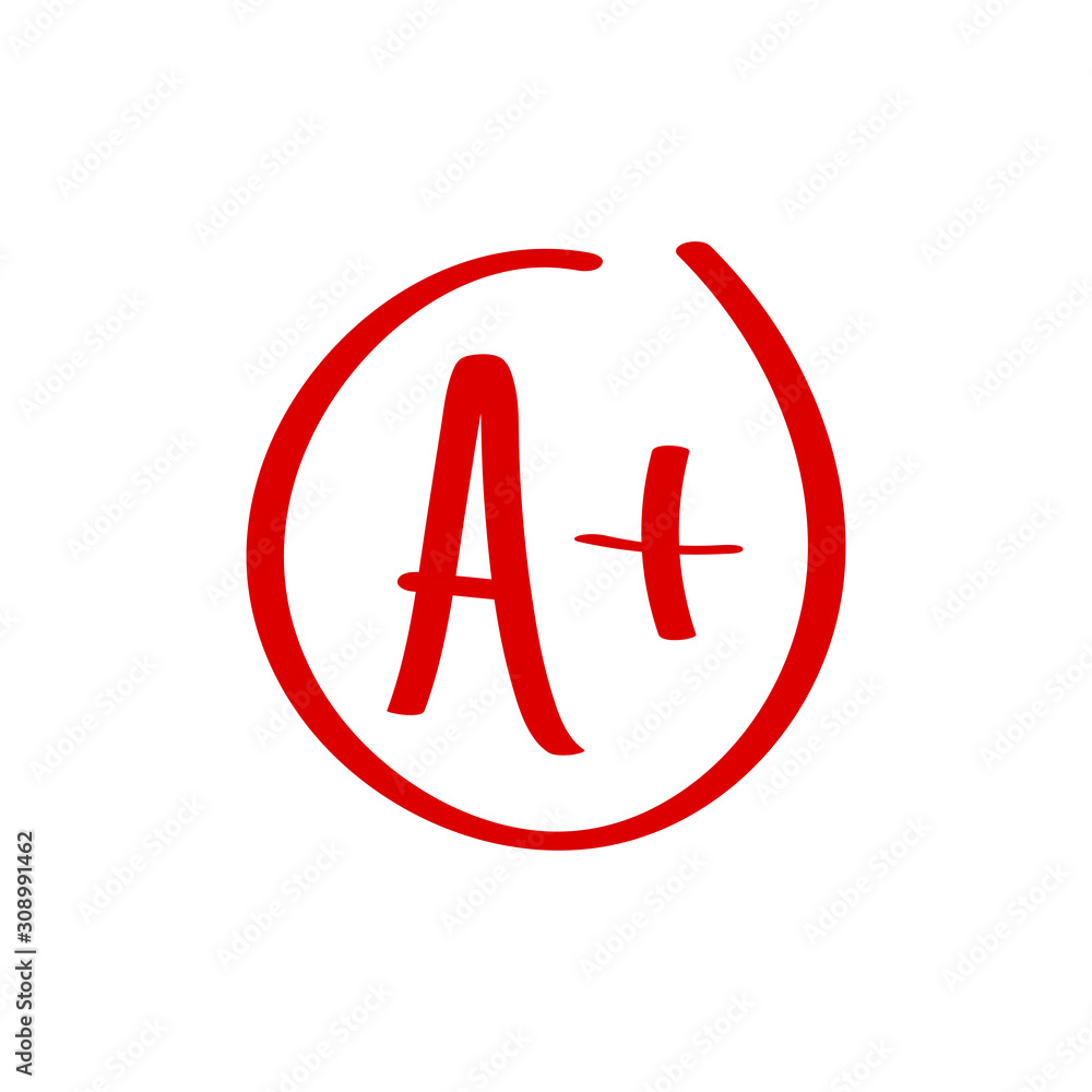 Grade A Plus result icon. School red mark handwriting. A plus in circle isolated on white background. Vector illustration Grade A Plus result icon. School red mark handwriting. A plus in circle isolated on white background. Vector illustration