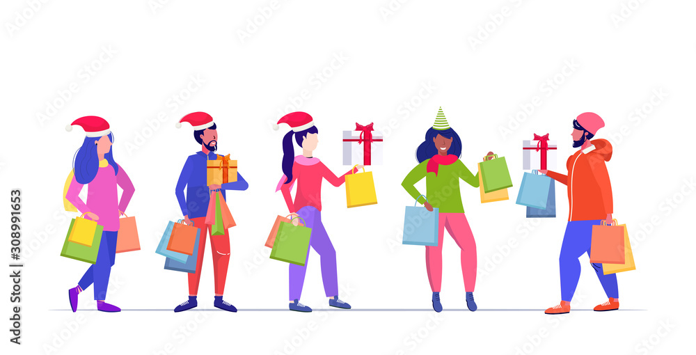 mix race people in santa hats carrying shopping bags and gift present boxes merry christmas happy new year winter holidays celebration concept full length sketch horizontal vector illustration