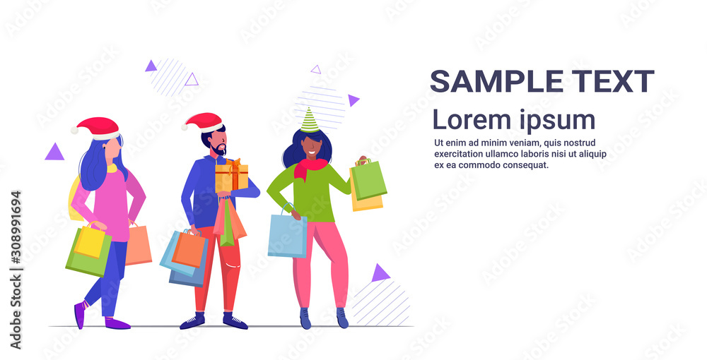 mix race people in santa hats carrying shopping bags and gift present boxes merry christmas happy new year winter holidays celebration concept full length sketch horizontal copy space vector mix race people in santa hats carrying shopping bags and gift present boxes merry christmas happy new year winter holidays celebration concept full length sketch horizontal copy space vector