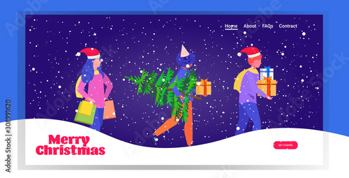 mix race people in santa hats carrying shopping bags christmas tree and gift present boxes merry xmas happy new year winter holidays preparation concept full length sketch greeting card horizontal