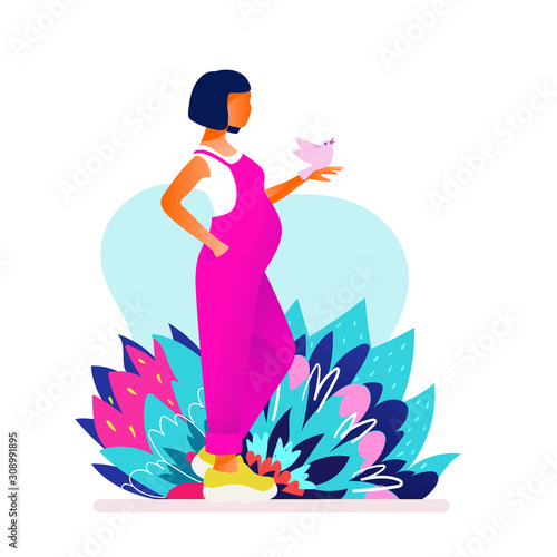 Pregnant woman walking. Active well fitted pregnant female character. Happy pregnancy. Yoga and sport for pregnant. Flat cartoon vector illustration