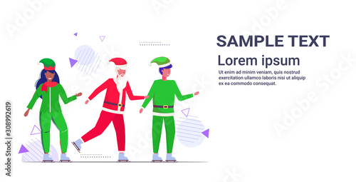 santa claus with mix race elves skating on ice rink winter sport activity merry christmas happy new year holidays celebration concept greeting card horizontal copy space full length vector
