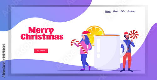 man woman couple near christmas drink mulled wine holding candy cane and lollipop winter holidays celebration concept horizontal copy space greeting card full length sketch vector illustration