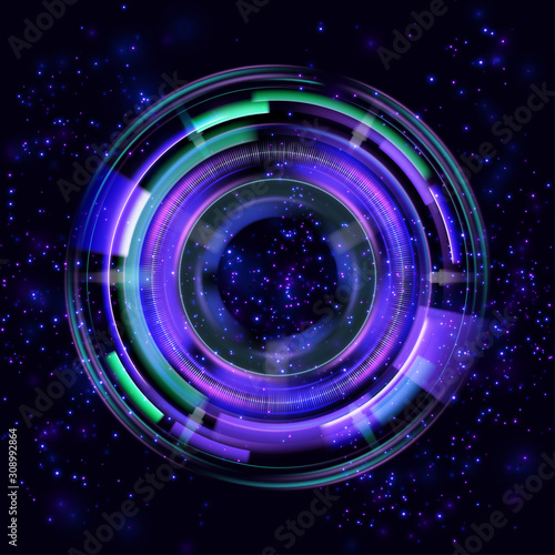 Mystical portal. Glow ring. Magic neon ball. Abstract glowing circles on black background. Magic circle light effects. Illustration isolated on dark background. Vector.