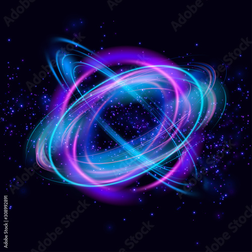 Magic circle light effects. Illustration isolated on dark background. Mystical portal. Glow ring. Magic neon ball. Abstract glowing circles on black background. Vector.