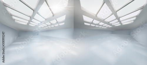 Large modern interior. Empty hall for the exhibition. Large shopping gallery. White background. Vector illustration.