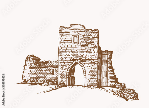 Graphical vintage  Kremenets Castle , vector retro illustration, Ternopil oblast,Ukraine