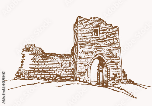 Graphical vintage  Kremenets Castle , vector retro illustration, Ternopil oblast,Ukraine