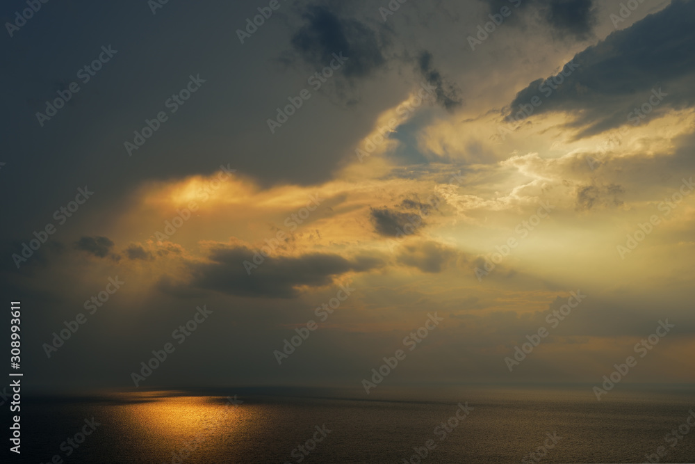 Landscape of Lake Michigan at sunset with sunbeams, Sleeping Bear Dunes National Lakeshore, Michigan, USA