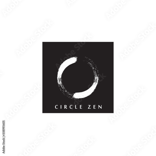 abstract logo design of zen with circular brush stroke and black background color.