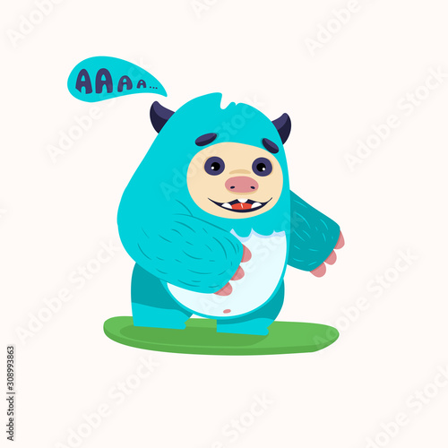 Cute bigfoot snowboarding. Hand drawn vector greeting card. Flat design. Eps 10.