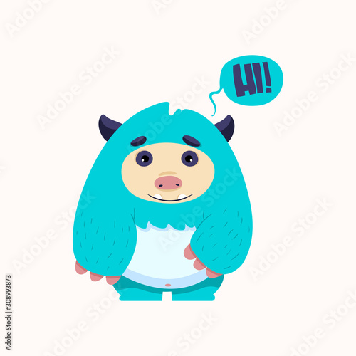 Hi. Cute yeti or bigfoot. Hand drawn vector greeting card. Flat design. Eps 10.