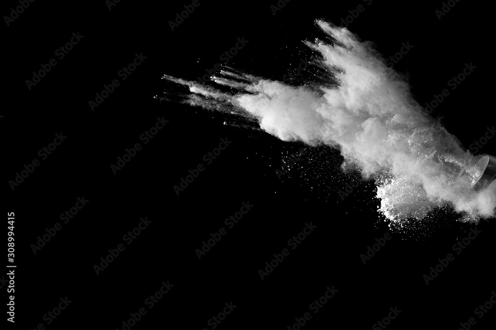 White talcume powder explosion on black background. White dust particles splash. - obrazy, fototapety, plakaty 