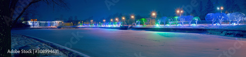 ST. PETERSBURG  RUSSIA - January 11  2013  Festive New Year panorama of the city center. Colorful lighting of trees and lights of illumination. Night landscape