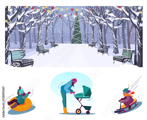 Activities in Christmas park flat vector illustration set. Parents with kids enjoying walking, sleighing, celebrating New Year. Lifestyle, holiday, vacation concept