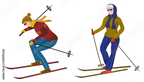Set of skiers. Winter outdoor activities. Sports people have active holiday on skiing resort. Wintertime tourism. Vector stylized cartoon illustration isolated on white background