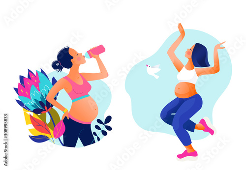 Pregnant woman dancing and drinking water set. Active well fitted pregnant female character. Happy pregnancy. Yoga and sport for pregnant. Flat cartoon vector illustration