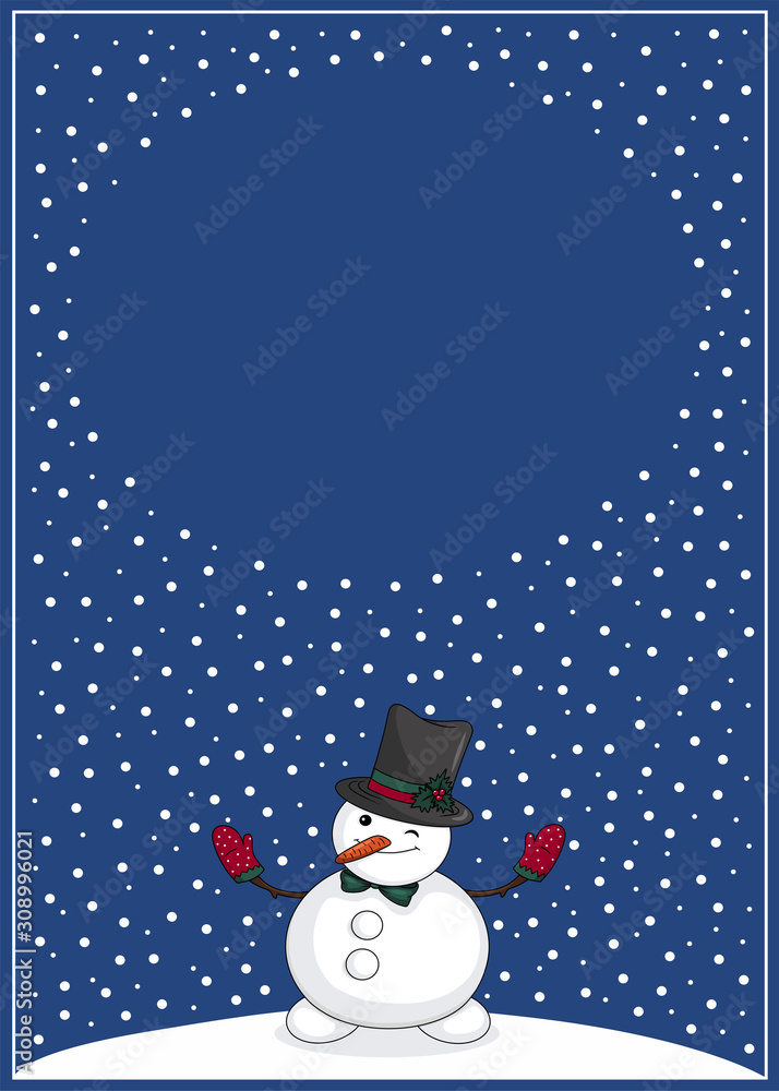 Snowman with hat and mittens on deep blue background with snowflake and copy space for text design. Christmas and Happy New Year greeting card with frame. Snowman with hat and mittens on deep blue background with snowflake and copy space for text design. Christmas and Happy New Year greeting card with frame.