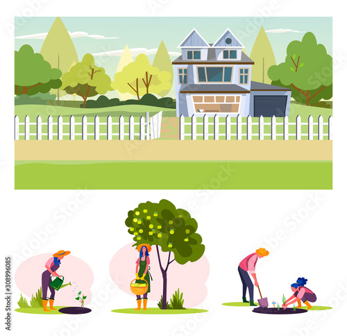 Fototapeta Naklejka Na Ścianę i Meble -  Gardening and cultivation flat vector illustration set. Farmers planting seedlings, watering plants, picking apples. Farming, agriculture, horticulture concept