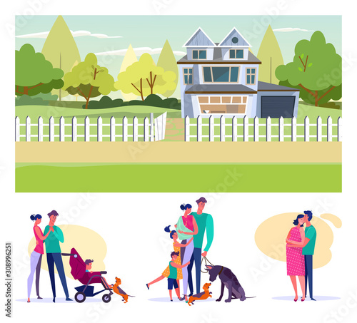 Happy parents flat vector illustration set. Family, couple walking with kids and pets, man hugging pregnant wife. Raising children concept