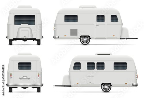 Travel trailer vector mockup on white background for vehicle branding, corporate identity. View from side, front, back. All elements in the groups on separate layers for easy editing and recolor