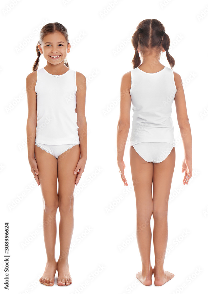 Foto de Collage of cute little girl in underwear on white background do  Stock