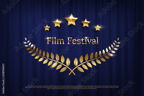 Golden shiny award laurel wreath with stars and Film Festival text isolated on dark blue curtain background. Vector design element.