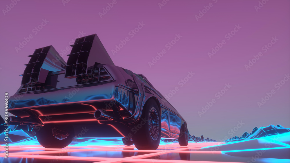 Naklejka Retro futuristic car in 80s style moves on a virtual neon landscape. 3d illustration
