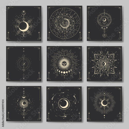 Vector illustration set of moon phases. Different stages of moonlight activity in vintage engraving style. Zodiac Signs