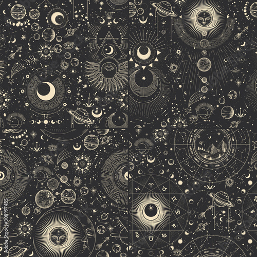 Vector illustration set of moon phases. Different stages of moonlight activity in vintage engraving style. Zodiac Signs