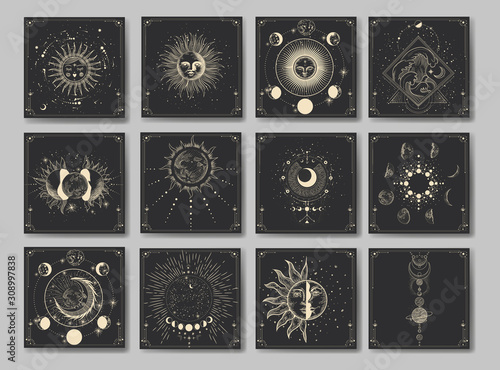 Vector illustration set of moon phases. Different stages of moonlight activity in vintage engraving style. Zodiac Signs