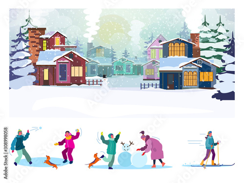 Winter holidays outside flat vector illustration set. Kids playing snowballs, making snowman, skiing. Lifestyle, outdoor activities, vacation concept