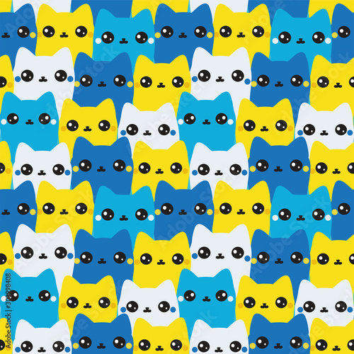 Cute cartoon cats seamless pattern. Colorful print with funny hand-drawn kittens in blue and yellow colors. Art Wallpaper, animalistic background, flat design. Pets collection. Vector illustration.