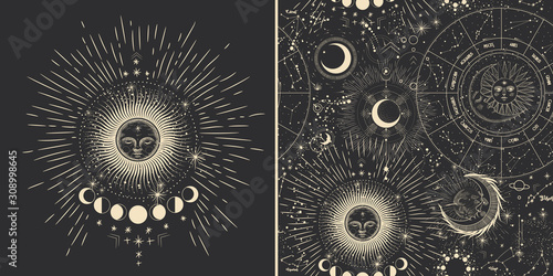 Vector illustration set of moon phases. Different stages of moonlight activity in vintage engraving style. Zodiac Signs