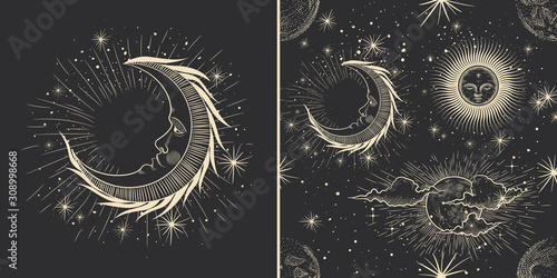 Vector illustration set of moon phases. Different stages of moonlight activity in vintage engraving style. Zodiac Signs
