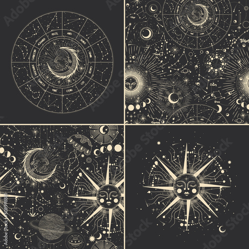 Vector illustration set of moon phases. Different stages of moonlight activity in vintage engraving style. Zodiac Signs