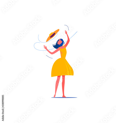 Girl losing hat outside. Casual person outdoors flat vector illustration. Leisure activity, hobby concept for banner, website design or landing web page.