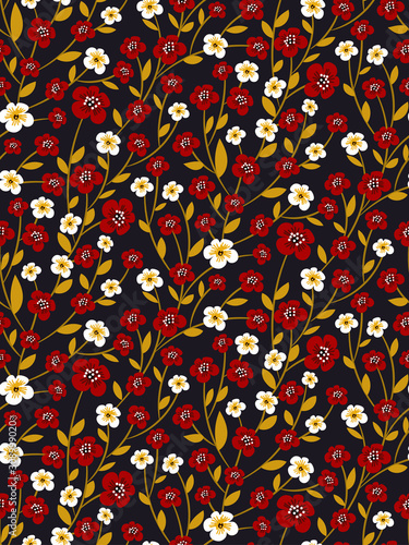 Beautiful floral seamless pattern. Red  white flowers  Golden leaves on a dark background. Hand drawing vector illustration. Elegant ornament  template for fashion fabrics  covers  prints. Vector.
