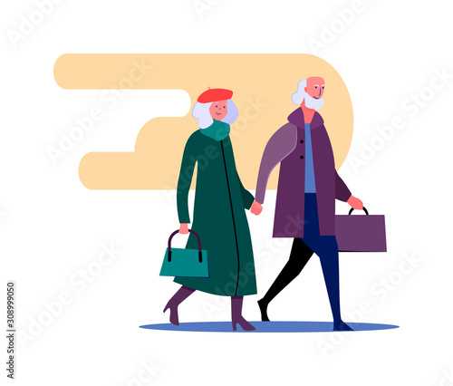 Senior people in coats walking together. People spending time together flat vector illustration. Activity, leisure, concept for banner, website design or landing web page.