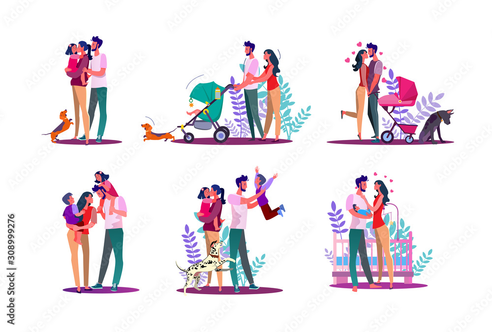 Naklejka premium Happy family set. Couple with kids walking, enjoying time together. Flat vector illustrations. Family, love, lifestyle concept for banner, website design or landing web page