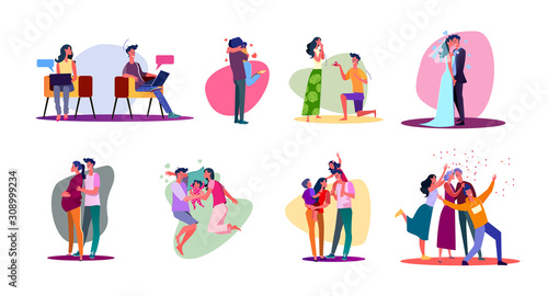 Family lifecycle set. Couple dating, getting married, having baby, getting old. Flat vector illustrations. Family, love, lifestyle concept for banner, website design or landing web page photo
